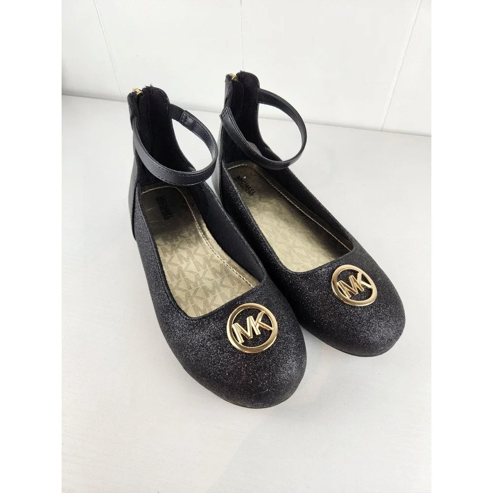 Michael Kors Girls Black Glitter Ankle Strap Ballet Flats MK100868C Size 5